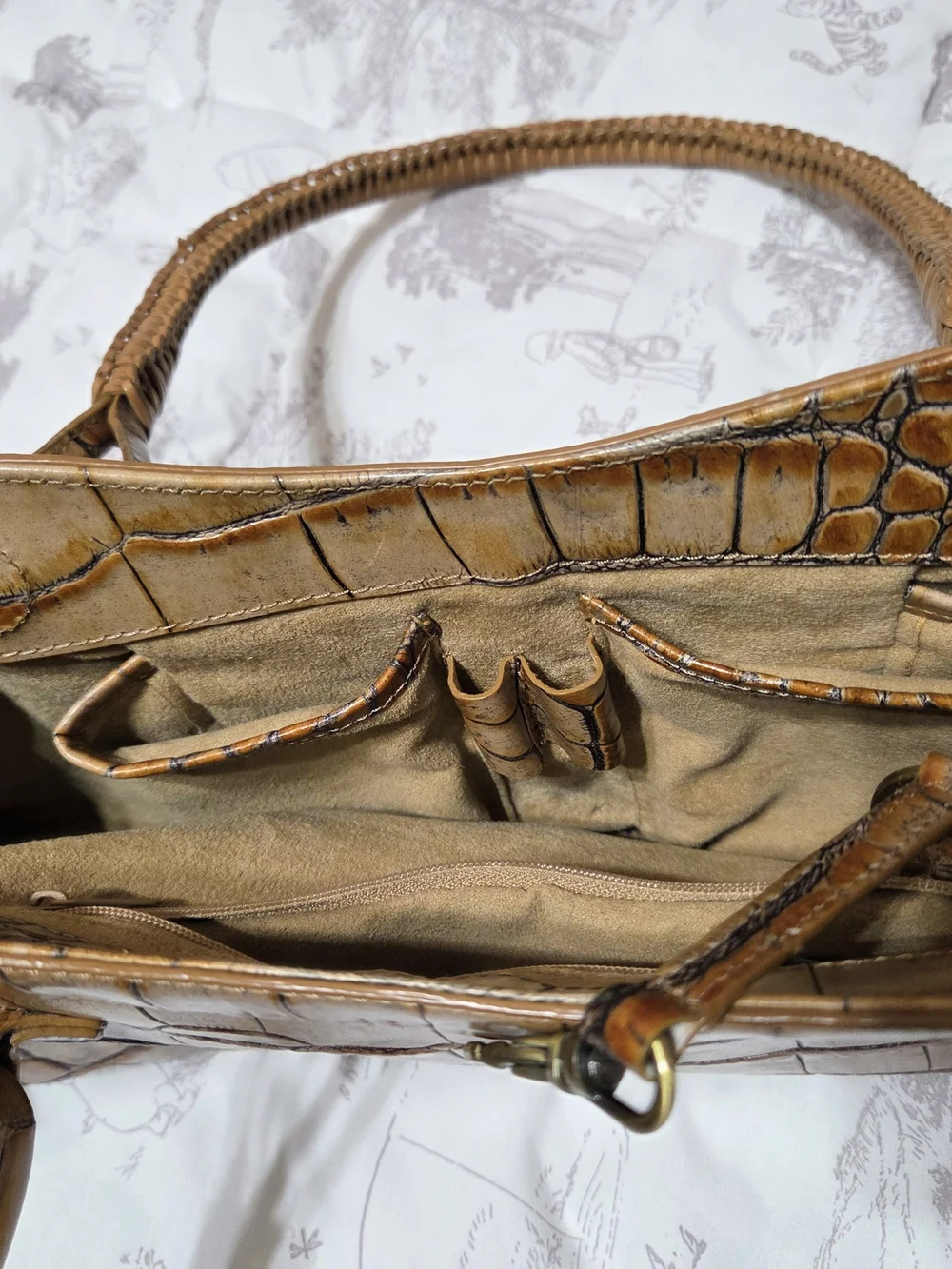 Preston & York Brown Croc Embossed Small Satchel Top Handle Zip Gold Hardware